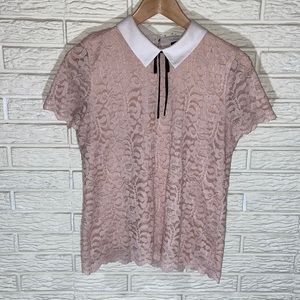 Karl Lagerfeld Paris Pink Lace Peter Pan Collar Tie Neck Career Blouse Size PM